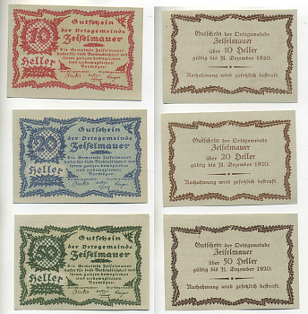 Австрия набор из 3 банкнот 1920 до 31 декабря 1920, нотгельд, 10, 20, 50 геллеров, ZEIFELMAUER   бумага  aUNC  7555-7-4-1