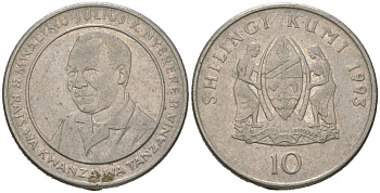 Танзания 10 шиллингов 1993 KM 20a сталь плакированная никелем 4389-415