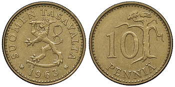 ФИНЛЯНДИЯ 10 ПЕННИ 1963 ПЕРВЫЙ ГОД KM 46 алюминиевая бронза 71-327