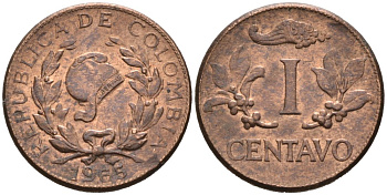 Колумбия 1 сентаво 1965 KM 205а сталь плакированная медью 4564-665