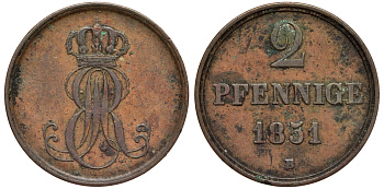 Ганновер 2 пфеннига 1851 B, Эрнст Август (1837-1851) KM 202.1, AKS 124, J. 75 медь 75-1956