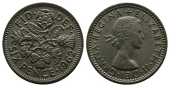 Великобритания 6 пенсов 1962 Елизавета II (1952-2022) KM 903, Spink 4149 медно-никель 4381-744