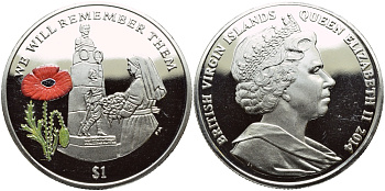 Британские Виргинские острова 1 доллар 2014 в память героев первой мировой войны, памятник, красный мак KM NEW медно-никель, эмаль  PROOF 1071-4-24