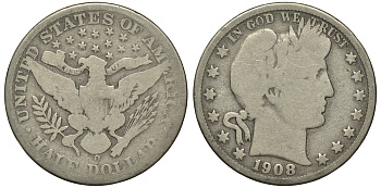 США 1/2 доллара (50 центов) 1908 O, монетный двор Орлеан, барбер, Barber KM 116 серебро 413-143