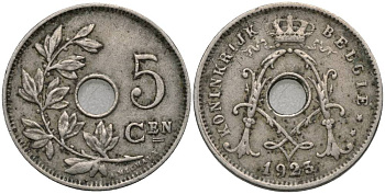 БЕЛЬГИЯ 5 САНТИМОВ 1923 BELGIE, АЛЬБЕРТ I (1909-1934) KM 67 медно-никель 27-111