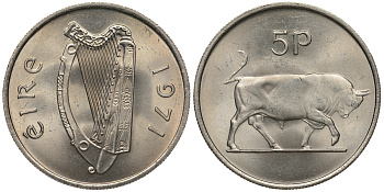 ИРЛАНДИЯ 5 ПЕНСОВ 1971 БЫК KM 22 медно-никель aUNC 51-233
