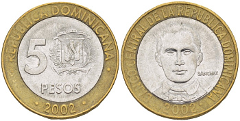 Доминиканская республика 5 песо 2002 Санчес KM 89 биметалл 4541-1123