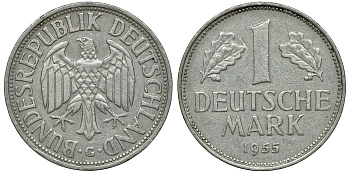 ФРГ 1 МАРКА 1955 G KM 110, J. 385 медно-никель 72-632