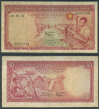 Бельгийское Конго и Руанда-Урунди 50 франков 1957 Pick 32 бумага 451-1221-1