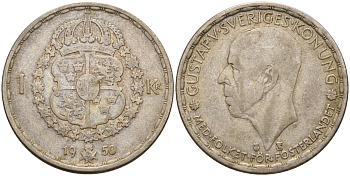 Швеция 1 крона 1950 TS, Густав VI Адольф (1950-1973) KM 814 серебро 4148-1123