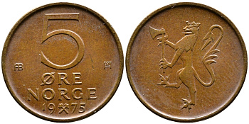 Норвегия 5 эре 1975 Улаф V (1958-1991) KM 415 бронза 26-948