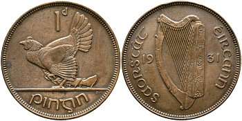 Ирландия 1 пенни 1931 курица с цыплятами KM 3 бронза 4382-842