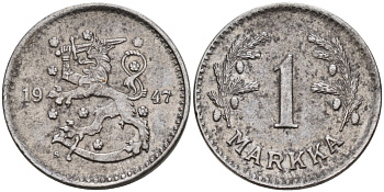 ФИНЛЯНДИЯ 1 МАРКА 1947 S KM 30b железо 4563-656