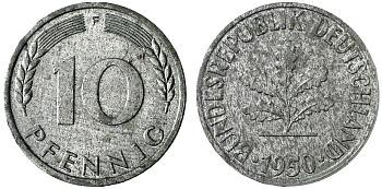 ФРГ 10 пфеннигов 1950 F, уникальный экземпляр в другом металле цинк UNC 10-010-29