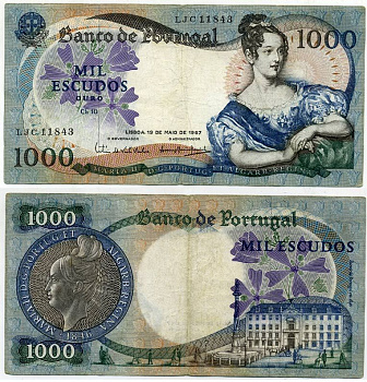 Португалия 1000 эскудо 1967 королева Мария II, Центральный банк Pick 172a бумага 000-00-00