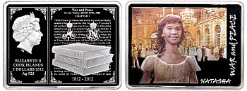 Острова Кука 5 долларов 2012 Лев Толстой, роман "Война и мир", Наташа Ростова, цветная эмаль KM NEW серебро PROOF 1071-5-44