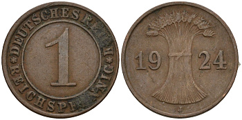 Германия 1 рейхспфенниг 1924 J KM 37, J. 313 бронза 4516-316
