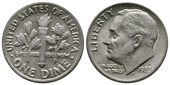 США 10 ЦЕНТОВ = 1 ДАЙМ 1983 P, РУЗВЕЛЬТ KM 195а медь плакированная медно-никелем 57-1225