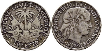 Гаити 50 сантимов 1882 KM 47 серебро 00-000-00
