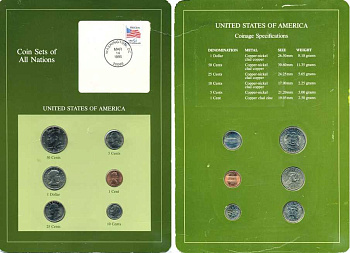 США набор из 6 монет + МАРКА 1980-1995 ОРИГИНАЛЬНЫЙ БУКЛЕТ COIN SETS OF ALL NATIONS, с сертификатом И МАРКОЙ ПЕРВОГО ДНЯ ГАШЕНИЯ    UNC  14-01-03-04