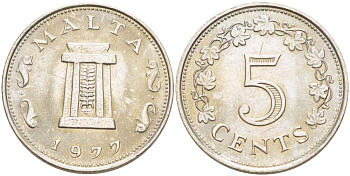 Мальта 5 центов 1977 Ритуальный алтарь в храме Хаджар-Ким KM 10 медно-никель 4521-1141