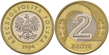 Польша 2 злотых 1994 MW KM 283 биметалл 80-231