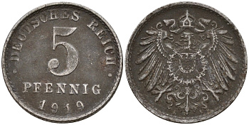 Германия 5 пфеннигов 1919 A KM 19, J. 297 железо 4151-624