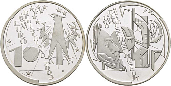 ФРГ 10 евро 2003 D, 100 лет немецкому музею в Мюнхене KM 225, DE.S. 10.6 серебро PROOF 413-6121