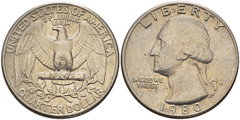 США 25 центов (квотер) 1980 D, Вашингтон KM А164а медь плакированная медно-никелем 31-735