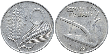 ИТАЛИЯ 10 ЛИР 1951 R, ПЛУГ KM 93 алюминий 4391-1145