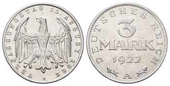 Германия 3 марки 1922 A, 3-я годовщина Веймарской конституции KM 29 алюминий UNC 4654-641