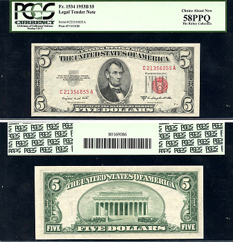 США 5 долларов 1953 серия 1953B, в слабе PCGS 58 PPQ Choice About New, красный номер Pick 381 b, Fr. 1534  бумага  aUNC 452-3-44