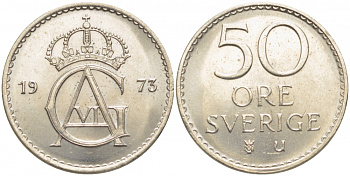 Швеция 50 эре 1973 U, Густав VI Адольф (1950-1973) KM 837 медно-никель UNC 175-1041