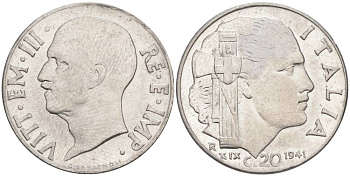 ИТАЛИЯ 20 ЧЕНТЕЗИМО 1941 R, ГОД XIX, ВИКТОР ЭММАНУИЛ III (1900-1946) KM 75b, VEM3. 1028 нержавеющая сталь 3853-1147