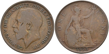 Великобритания 1 пенни 1920 Георг V (1910-1936) KM 810, Spink 4051 бронза 4117-813