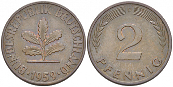 ФРГ 2 ПФЕННИГА 1959 D KM 106, J. 381 бронза 3955-627