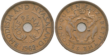 Родезия и Ньясаленд 1 пенни 1962 Елизавета II (1952-2022) KM 2 бронза 4616-124