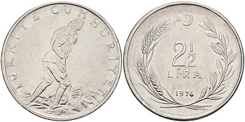 Турция 2 1/2 лиры 1974 KM 893.2 нержавеющая сталь 4574-1111