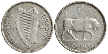 Ирландия 1 шиллинг 1930 бык KM 6 серебро 1525-925