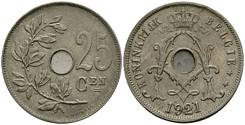 Бельгия 25 сантимов 1921 Belgie KM 69 медно-никель 4165-746