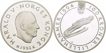 Норвегия 100 крон 1992 зимние Олимпийские игры 1994 года в Лиллехаммере, прыжки с трамплина KM 440 серебро BUNC 11-271-44