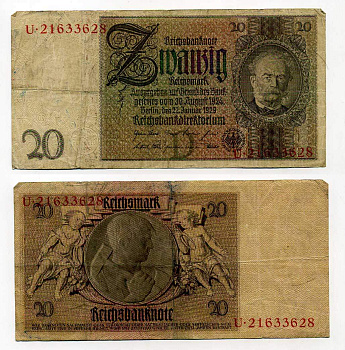 ГЕРМАНИЯ 20 РЕЙХСМАРОК 1929 Pick 181 a бумага 7146-40-1-1