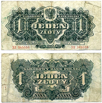Польша 1 злотый 1944 ПЕРВЫЙ НАЦИОНАЛЬНЫЙ выпуск ПОСЛЕ второй МИРОВОЙ ВОЙНЫ Pick 105а бумага 437-9-2-2