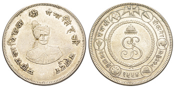 Индия, Биканер 1 рупия 1937 BS 1994, 50 лет правлению Махараджи Ганги Сингх X M1 серебро 272-1645