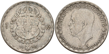 Швеция 1 крона 1948 TS, Густав V (1907-1950) KM 814 серебро 4148-1055