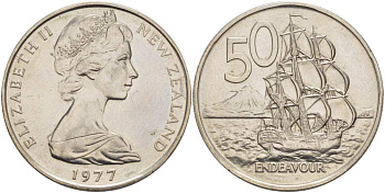 Новая Зеландия 50 центов 1977 Елизавета II (1952-2022), парусник Индевор KM 37.1 медно-никель 215-446