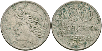 Бразилия 20 сентаво 1967 голова Свободы влево KM 579.1, Schon 84 медно-никель 87-446