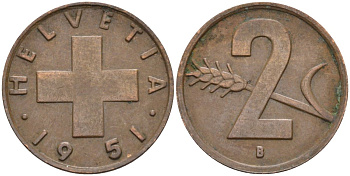 Швейцария 2 раппена 1951 В KM 47 бронза 4114-952
