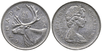 КАНАДА 25 ЦЕНТОВ 1974 ЕЛИЗАВЕТА II, ОЛЕНЬ KM 62b никель 4364-2026