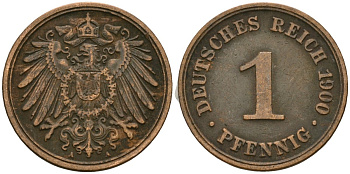 Германия 1 пфенниг 1900 A, Вильгельм II (1888-1918) KM 10, J. 10 медь 3955-1165